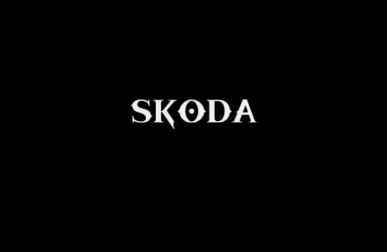 SKODA logo centered on a black background, white serif letters with stylized O resembling an eye, minimal and bold design, conveys a sense of elegance and mystery